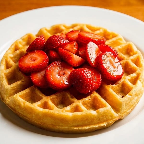Golden waffle topped with fresh, sliced strawberries on a white plate.
