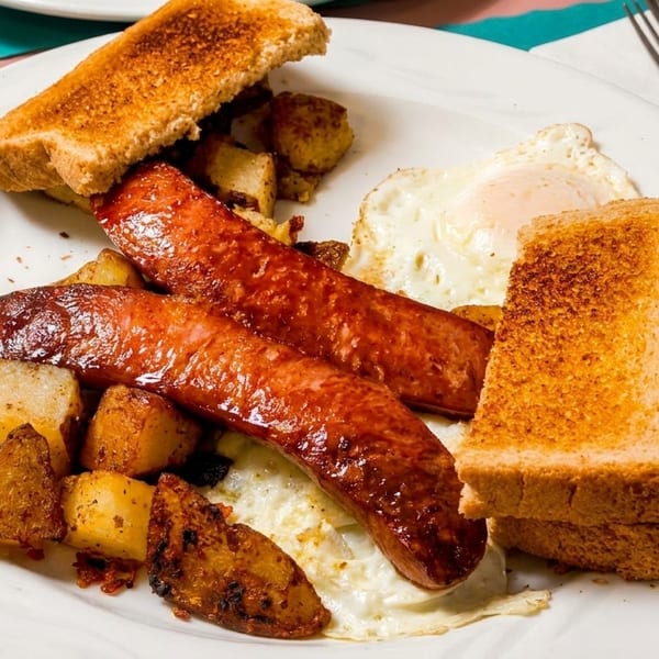 Hearty breakfast plate featuring sausages, fried egg, home fries, and golden toast.