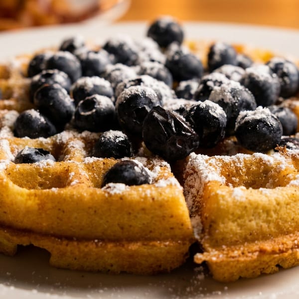 Golden waffle topped with fresh blueberries and powdered sugar on a white plate.