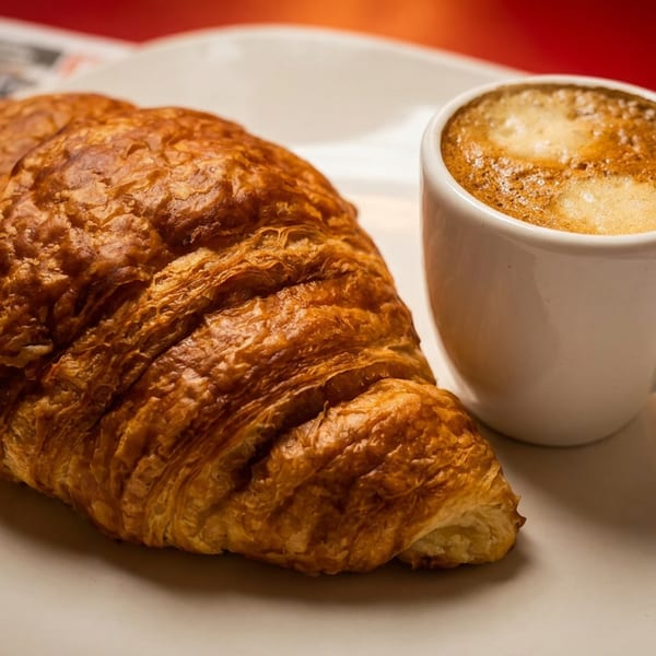 Golden-brown croissant and a white cup of frothy coffee on a white plate.