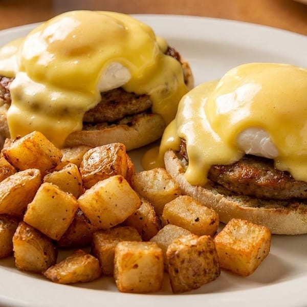 Two Eggs Benedict with sausage and hollandaise sauce, served with a side of crispy home fries.